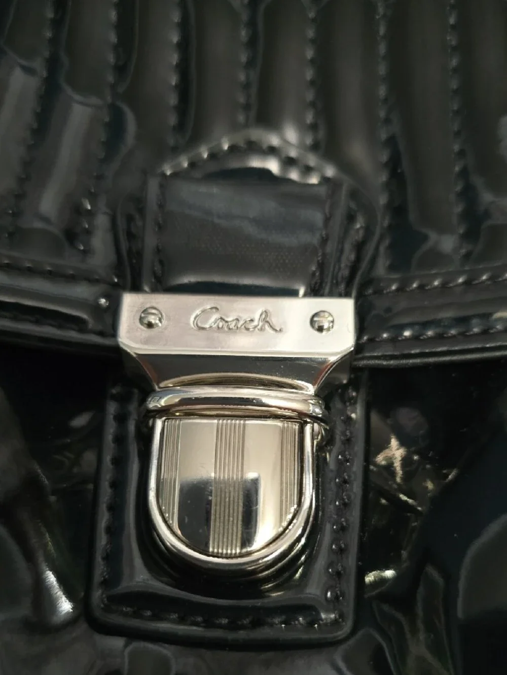 Coach Black Patent Shoulder Bag with Silver-Tone Hardware W/ Hot Pink Interior